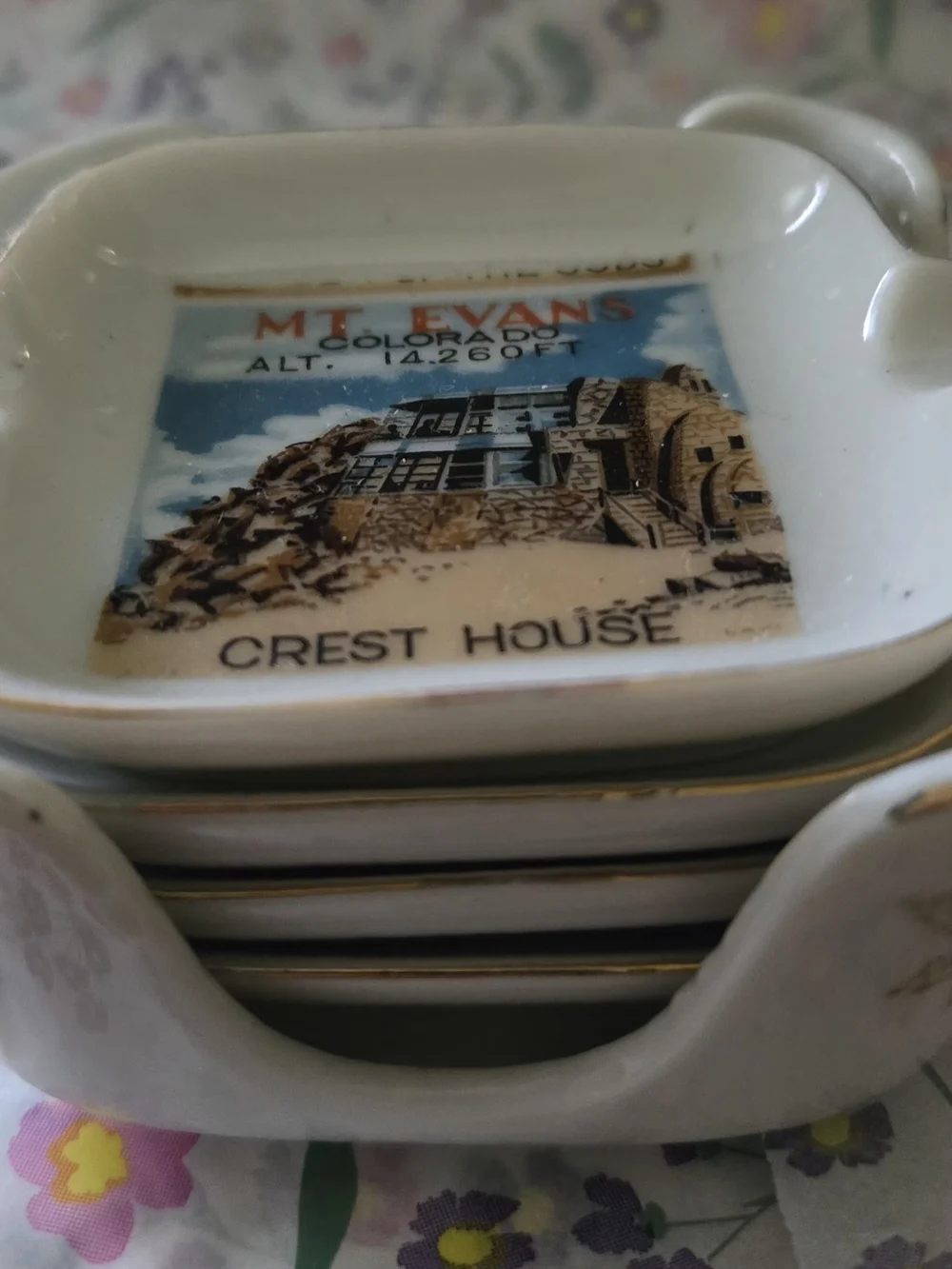 Mt. Evans Crest House Souvenir Ashtrays - White with Gold Trim
